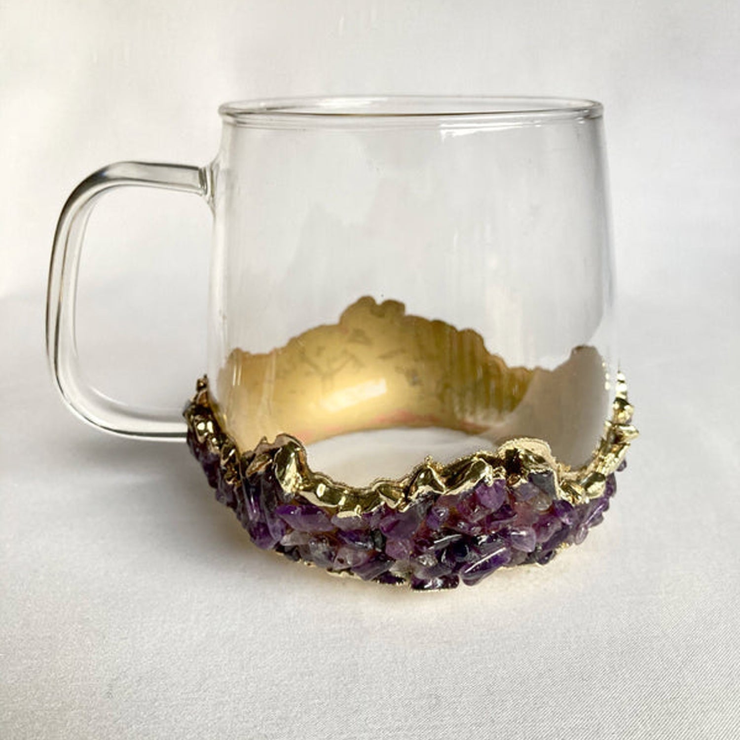Amethyst Crystal Glass Mug Set of 2 — Gold-Plated Agate Base | 500ml | Unique Gift for Her