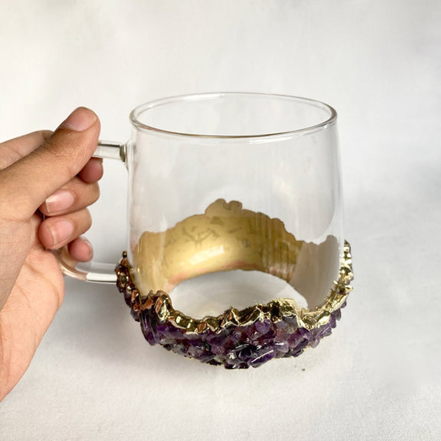 Amethyst Crystal Glass Mug Set of 2 — Gold-Plated Agate Base | 500ml | Unique Gift for Her