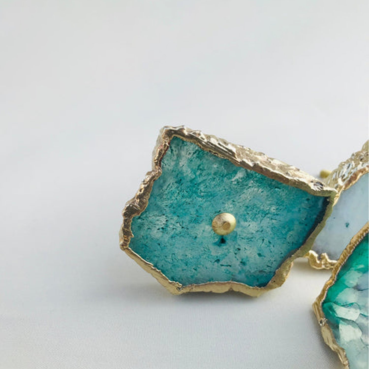 Set of 6 Natural Aqua Agate Cabinet Handles — Gold Electroplated Drawer Pulls for Dresser & Wardrobe