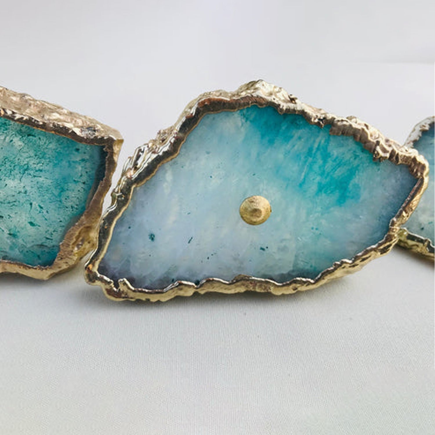 Set of 6 Natural Aqua Agate Cabinet Handles — Gold Electroplated Drawer Pulls for Dresser & Wardrobe