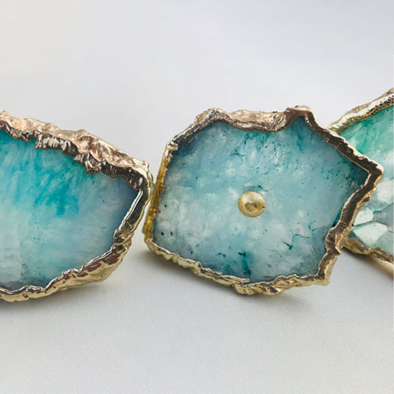 Set of 6 Natural Aqua Agate Cabinet Handles — Gold Electroplated Drawer Pulls for Dresser & Wardrobe