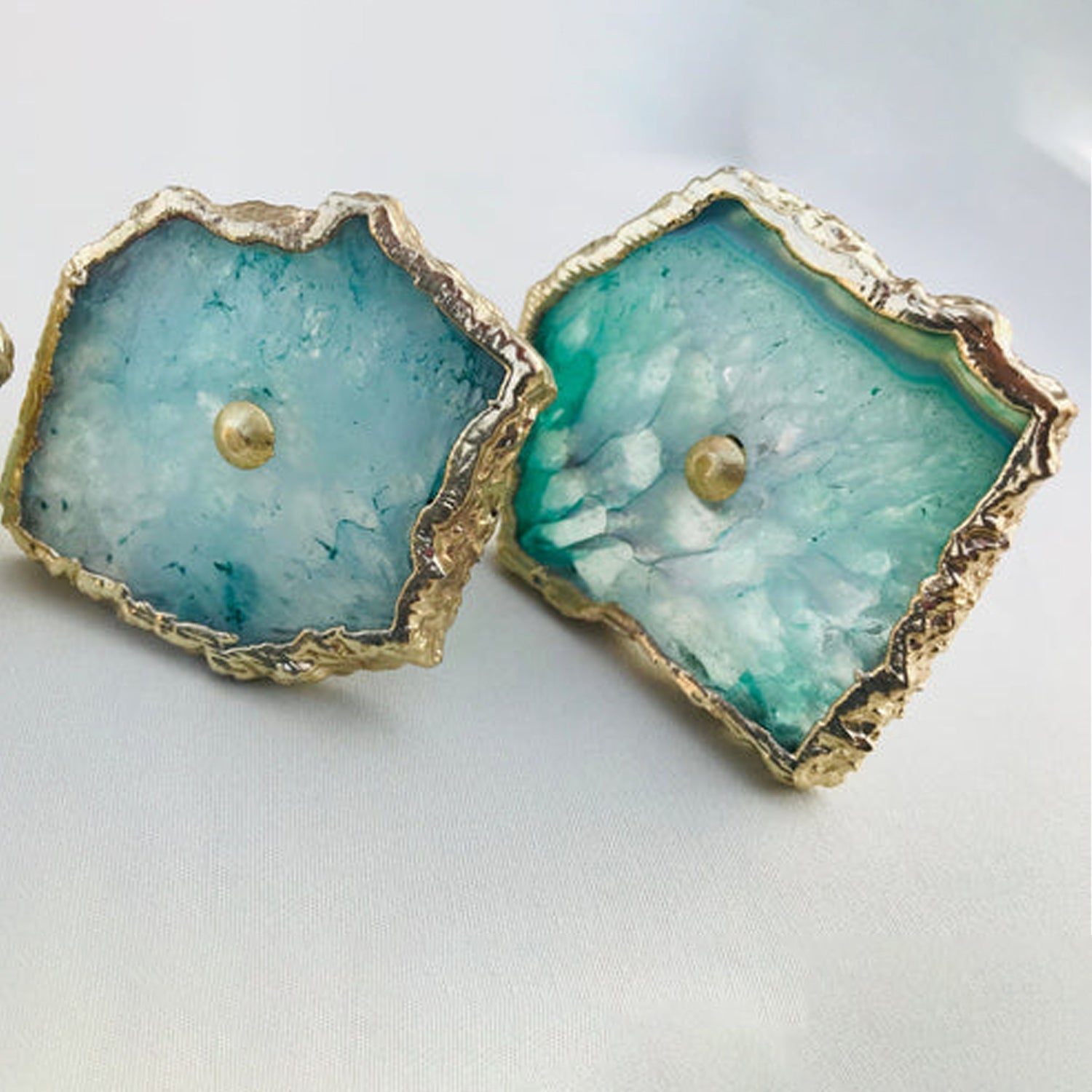 Set of 6 Natural Aqua Agate Cabinet Handles — Gold Electroplated Drawer Pulls for Dresser & Wardrobe